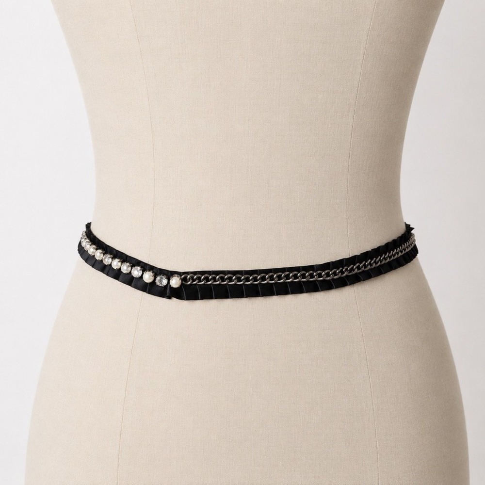 Y2k Vintage grossgrain ribbon belt black with pearl chain rhinestones
